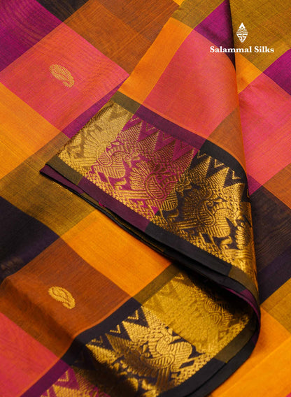 Beautiful Paalum Pazham Checks Pure Silk Cotton Saree With Contrast Dark Purple Blouse