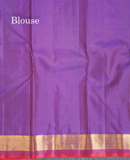 Dual Tone Green Shade Pure Kanjivaram Silk Saree With Contrast Dark Purple Small Border