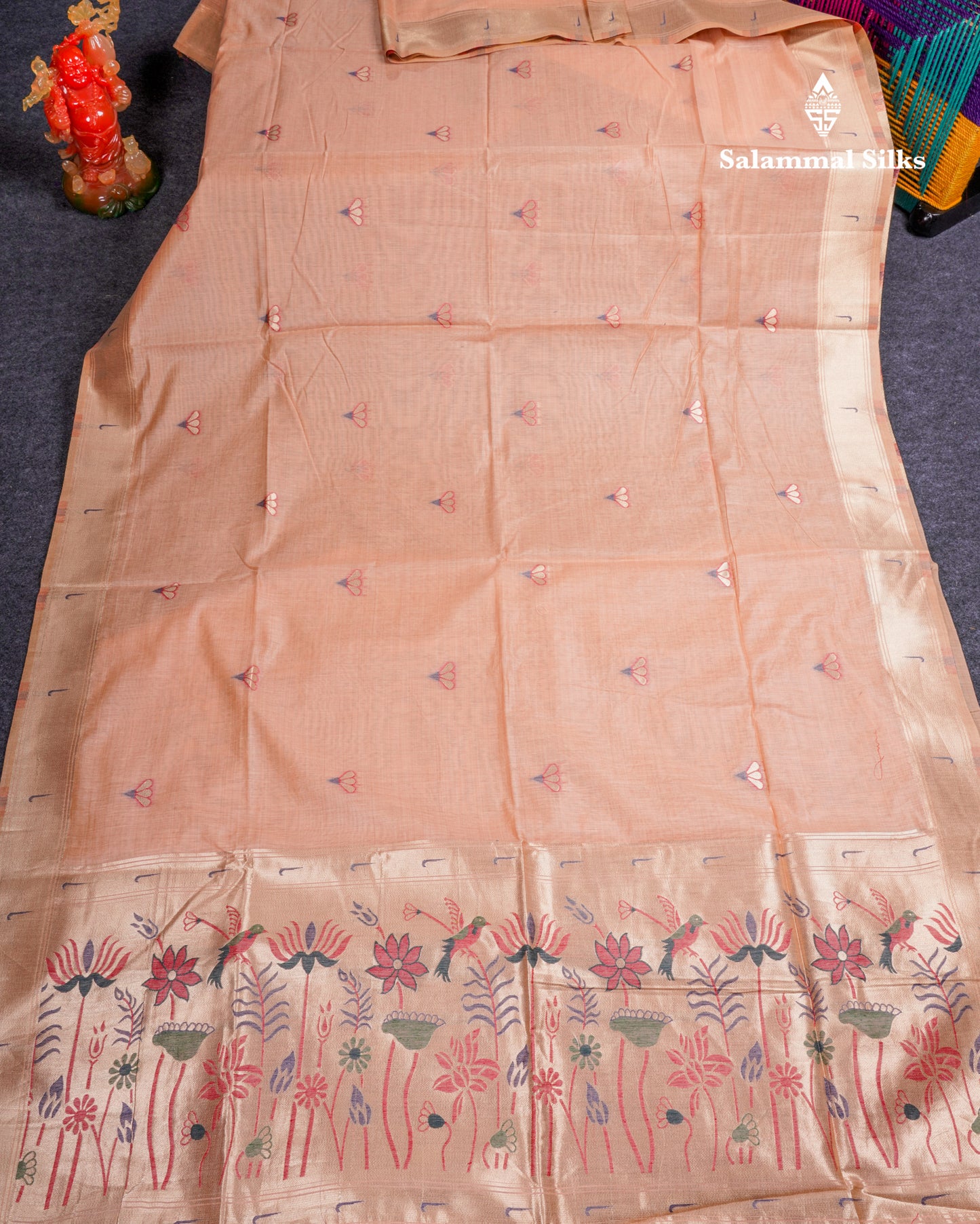 Beautiful Onion Pink Menakari Work Muga Cotton Saree With Fancy Border