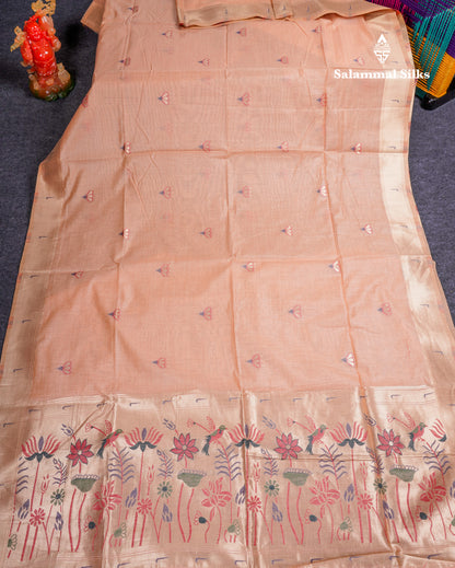 Beautiful Onion Pink Menakari Work Muga Cotton Saree With Fancy Border