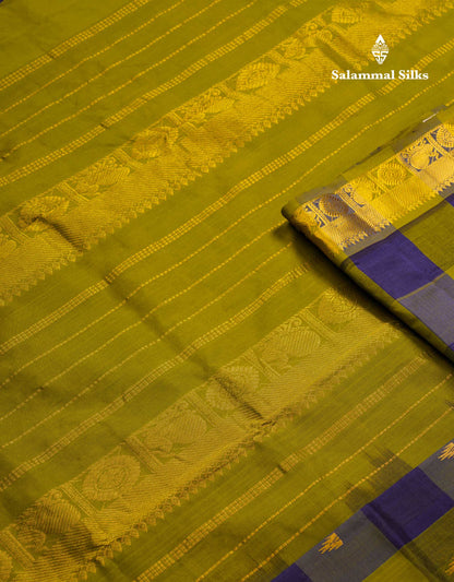 Beautiful Paalum Pazham Checks Semi Silk Cotton Saree With Contrast Olive Green Blouse