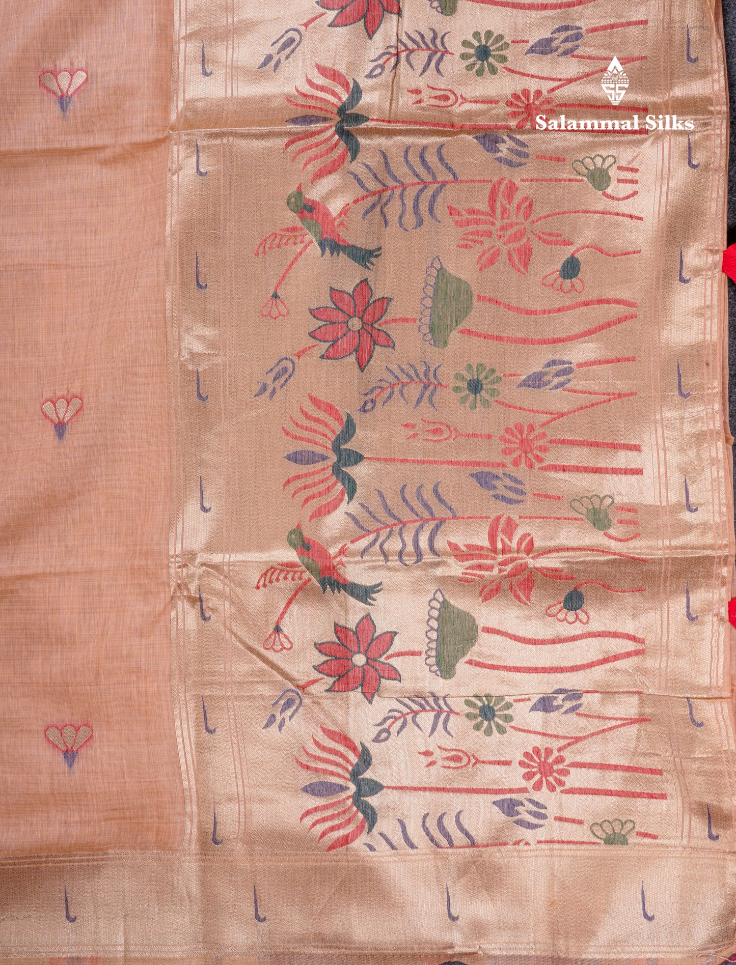 Beautiful Onion Pink Menakari Work Muga Cotton Saree With Fancy Border