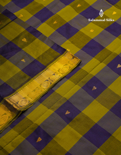 Beautiful Paalum Pazham Checks Semi Silk Cotton Saree With Contrast Olive Green Blouse
