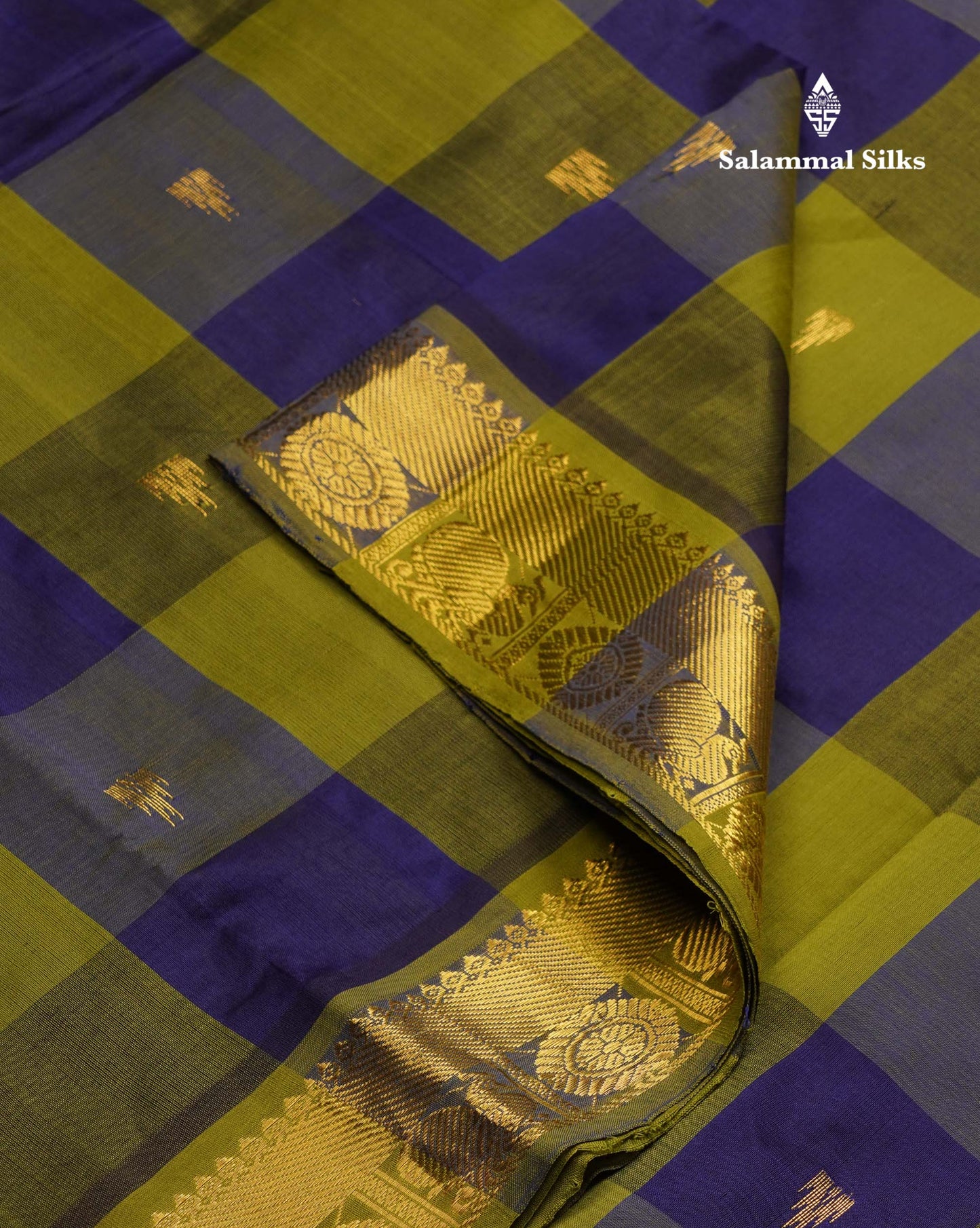 Beautiful Paalum Pazham Checks Semi Silk Cotton Saree With Contrast Olive Green Blouse