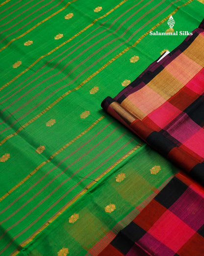 Beautiful Paalum Pazham Checks Pure Silk Cotton Saree With Contrast Parrot Green Blouse