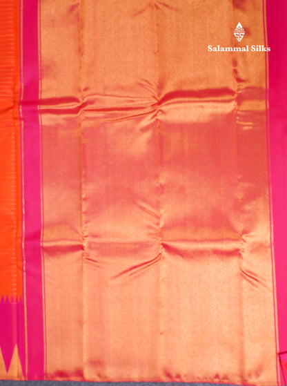 Orange Pure Kanjivaram Silk Saree With Contrast Pink 8 Kol Temple Border