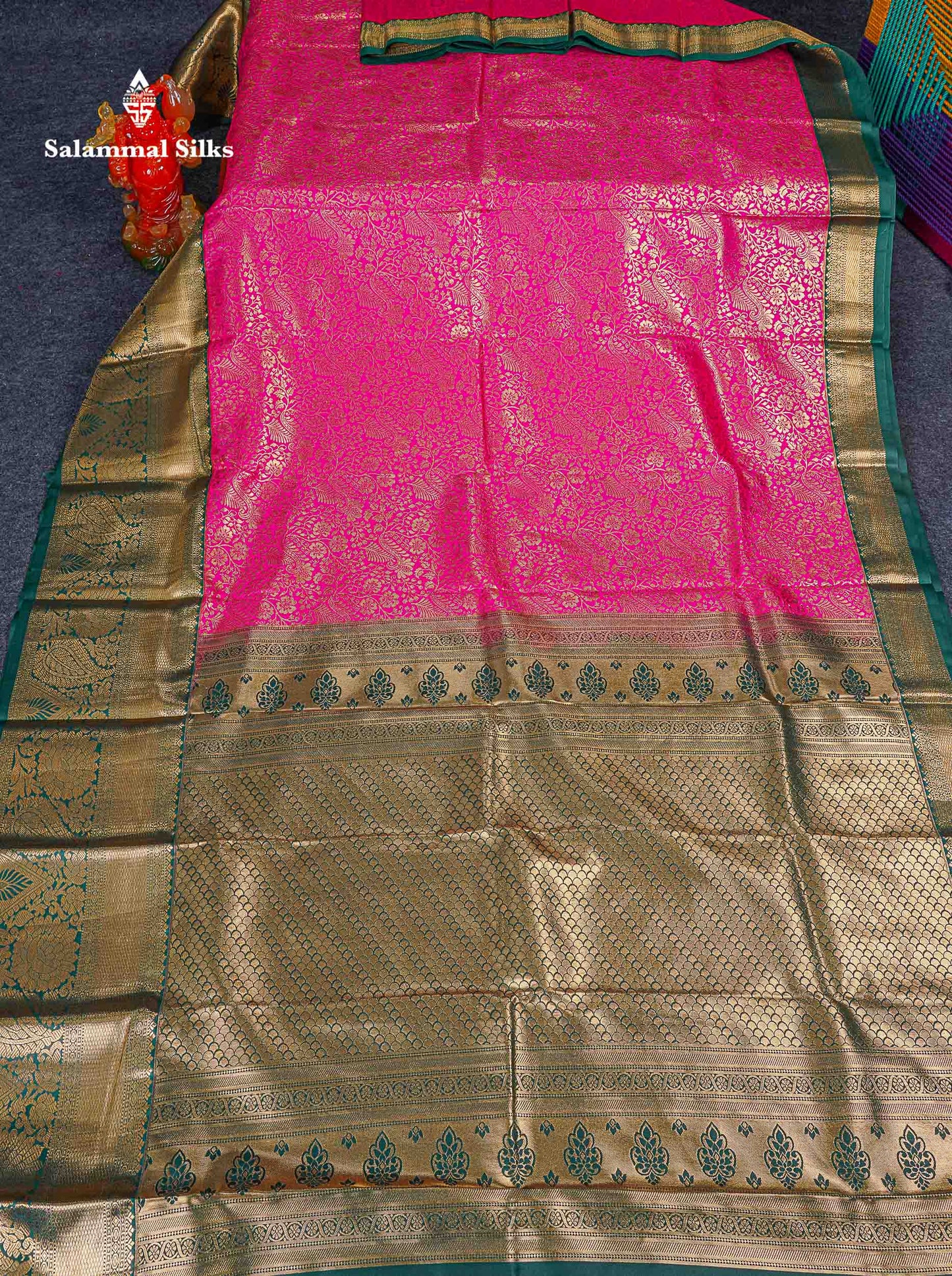 Bridal Semi Silk Saree -  Magenta Pink Colour Body With Contrast Bottle Green Evening Morning Border 