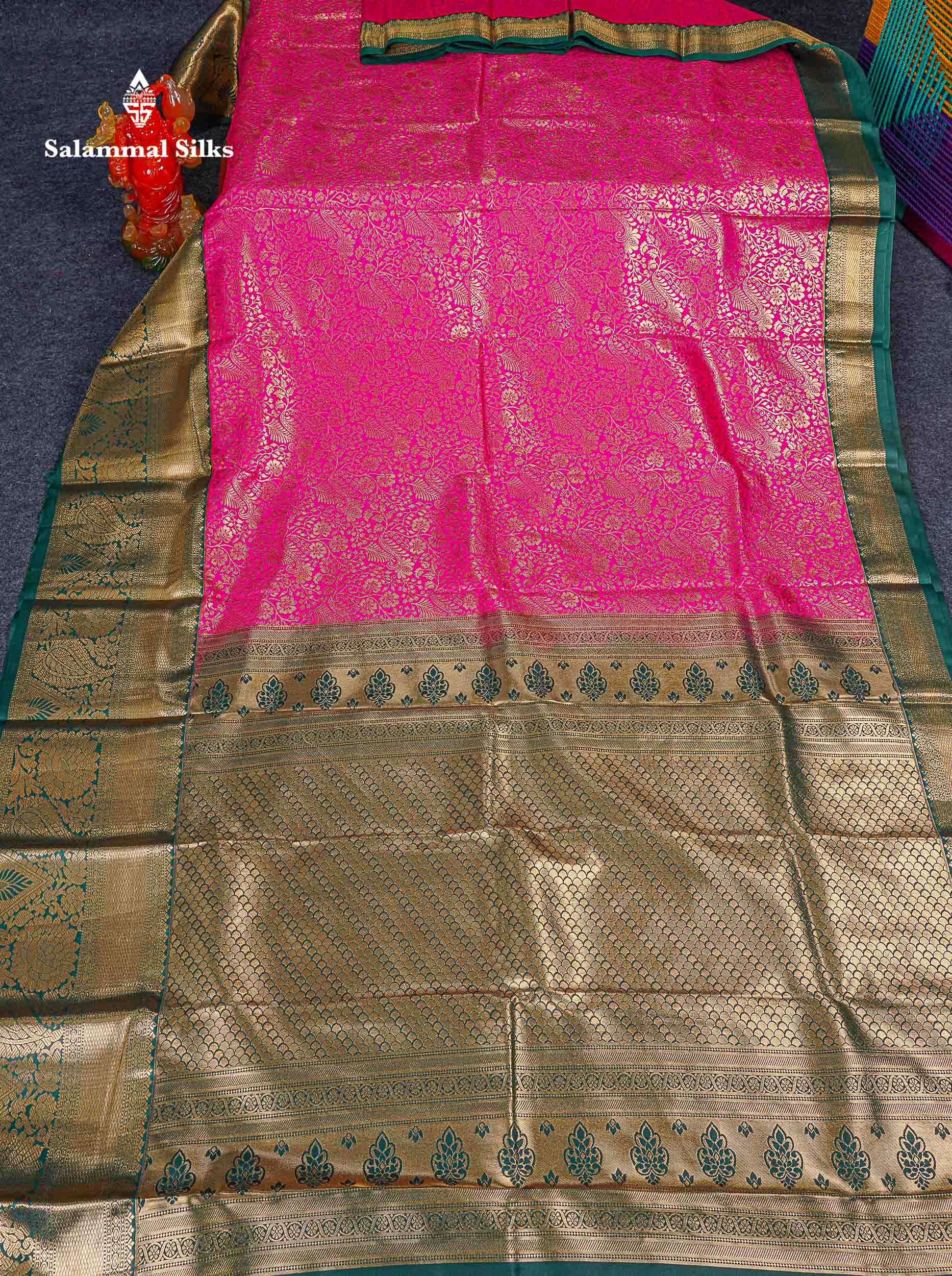 Bridal Semi Silk Saree -  Magenta Pink Colour Body With Contrast Bottle Green Evening Morning Border 
