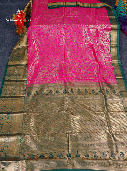 Bridal Semi Silk Saree -  Magenta Pink Colour Body With Contrast Bottle Green Evening Morning Border 