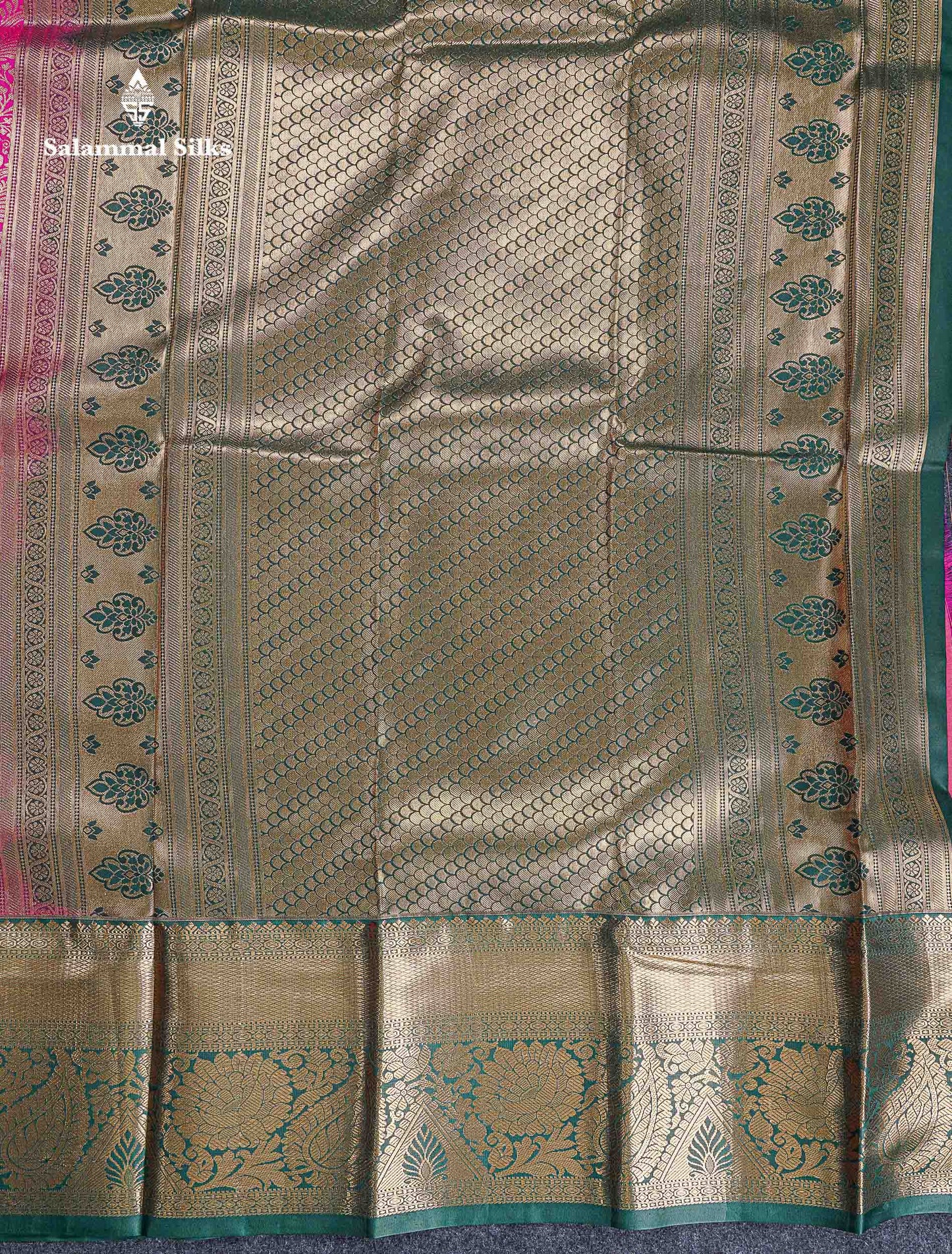 Bridal Semi Silk Saree -  Magenta Pink Colour Body With Contrast Bottle Green Evening Morning Border