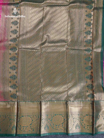 Bridal Semi Silk Saree -  Magenta Pink Colour Body With Contrast Bottle Green Evening Morning Border