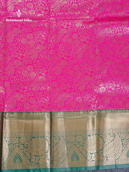 Bridal Semi Silk Saree -  Magenta Pink Colour Body With Contrast Bottle Green Evening Morning Border