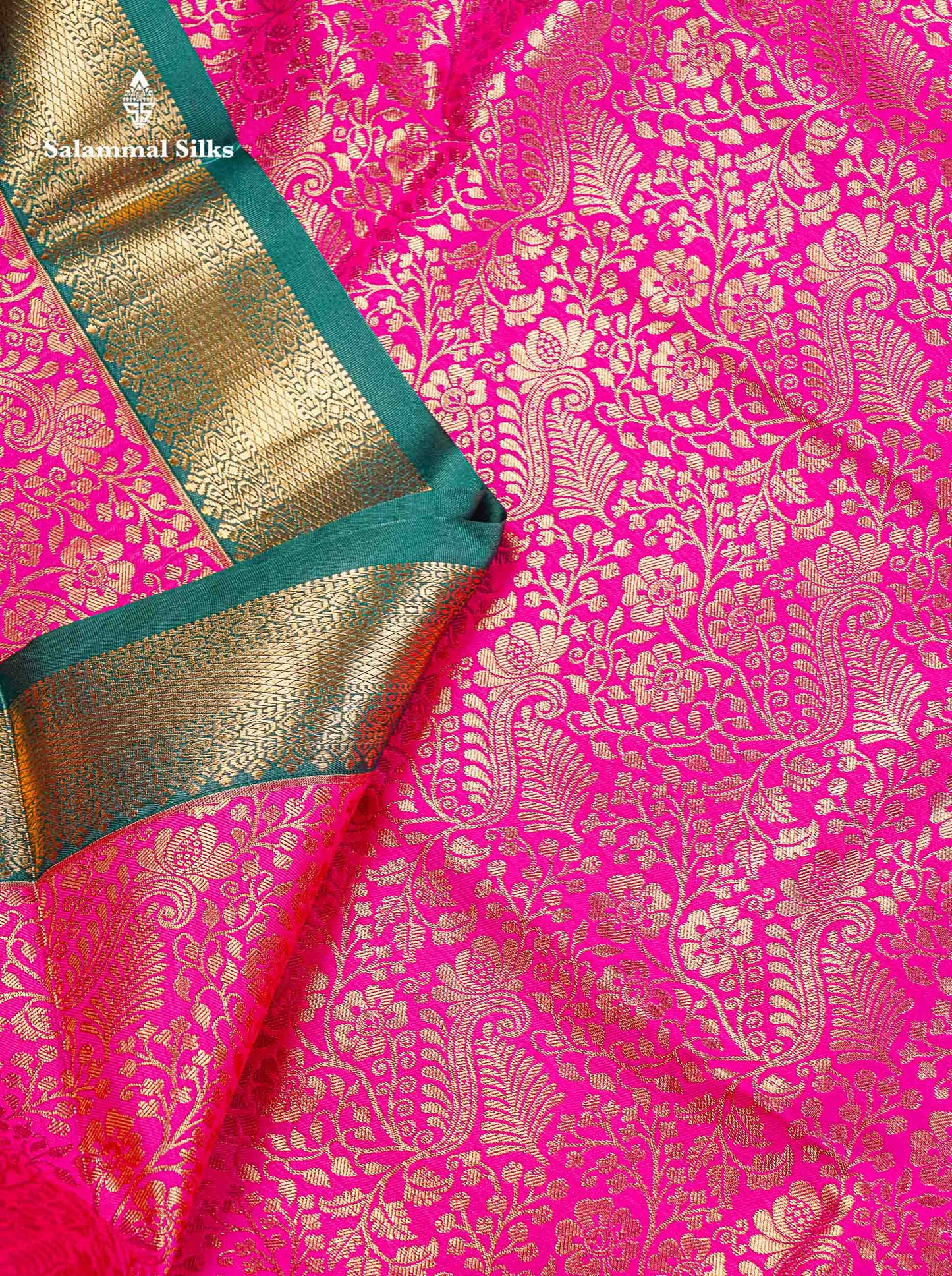Bridal Semi Silk Saree -  Magenta Pink Colour Body With Contrast Bottle Green Evening Morning Border