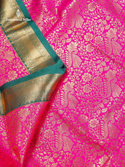 Bridal Semi Silk Saree -  Magenta Pink Colour Body With Contrast Bottle Green Evening Morning Border