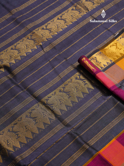 Beautiful Paalum Pazham Checks Pure Silk Cotton Saree With Contrast Dual Tone Navy Blue Blouse