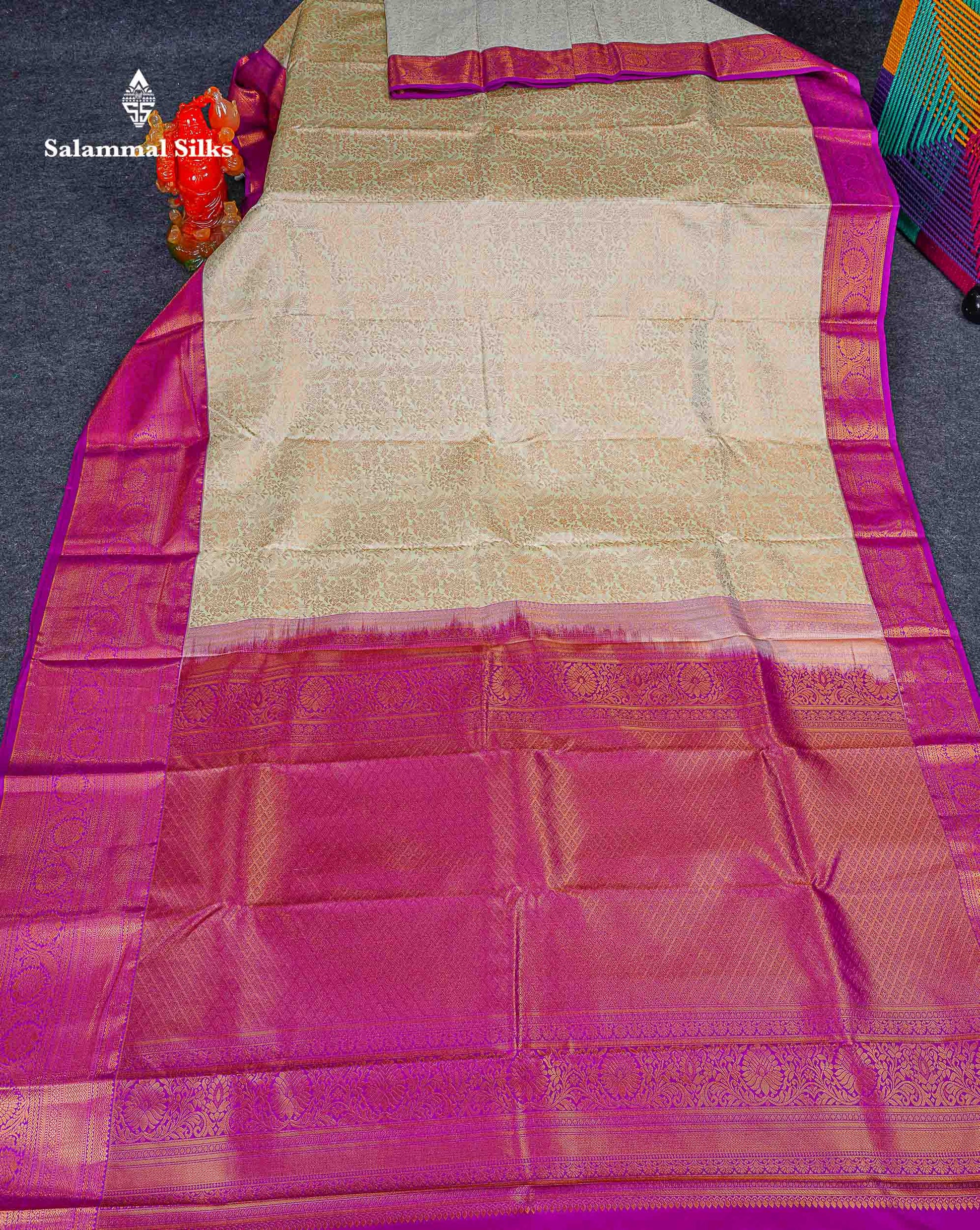 Bridal Semi Silk Saree -  Cream Colour Body With Contrast Magenta Evening Morning Border 