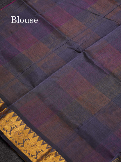 Beautiful Paalum Pazham Checks Pure Silk Cotton Saree With Contrast Dual Tone Navy Blue Blouse
