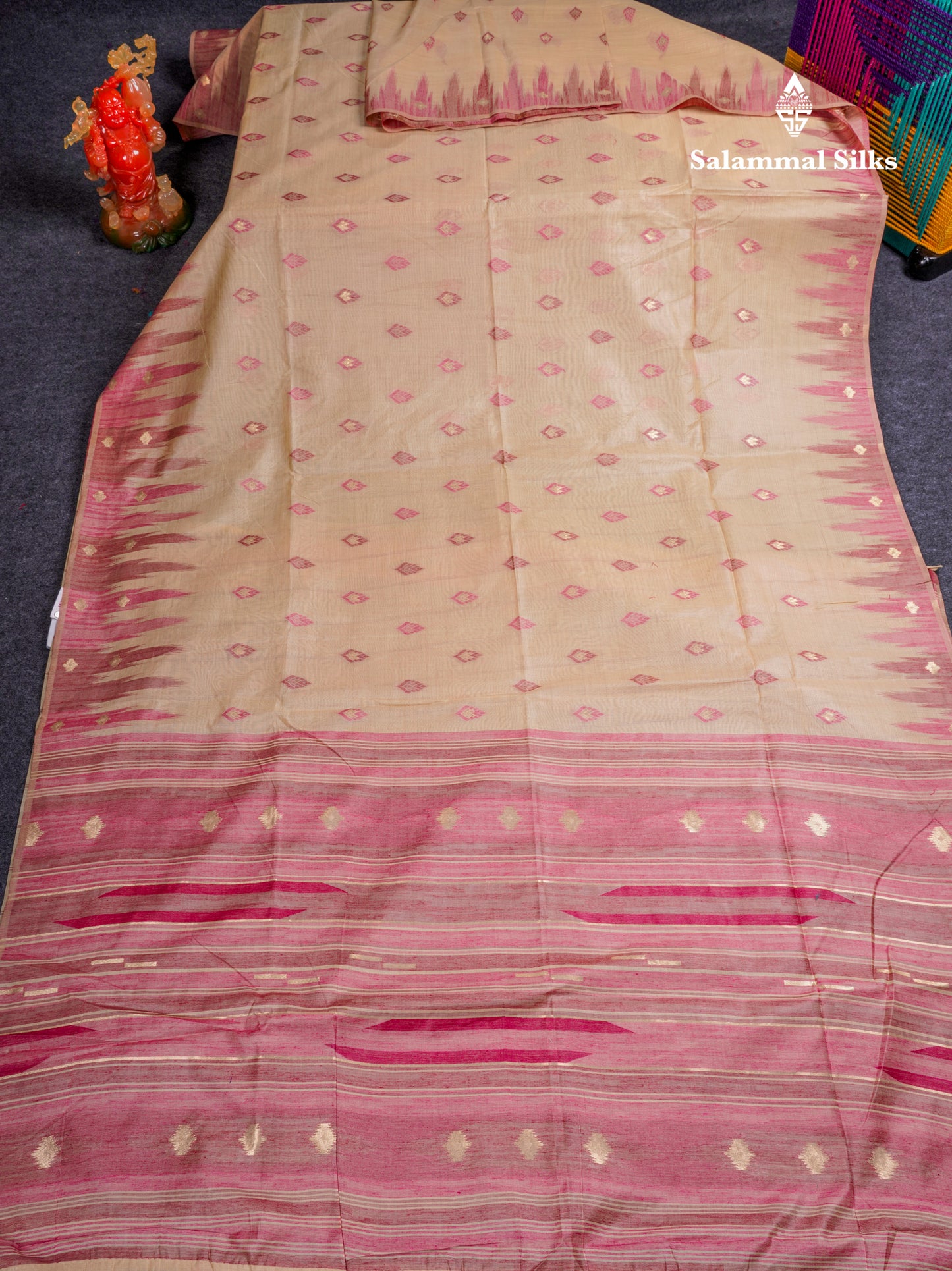 Beautiful Sandal Muga Cotton Saree With Contrast Mustard Yellow Blouse