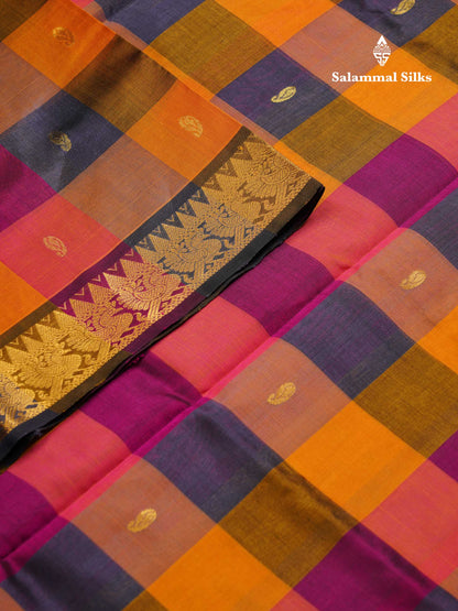 Beautiful Paalum Pazham Checks Pure Silk Cotton Saree With Contrast Dual Tone Navy Blue Blouse