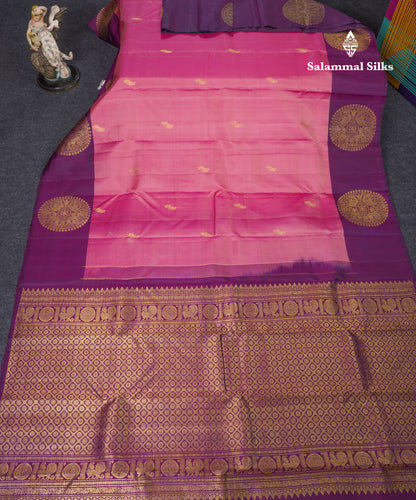 Light Pink Pure Kanjivaram Silk Saree With Contrast Dark Purple Fancy Border