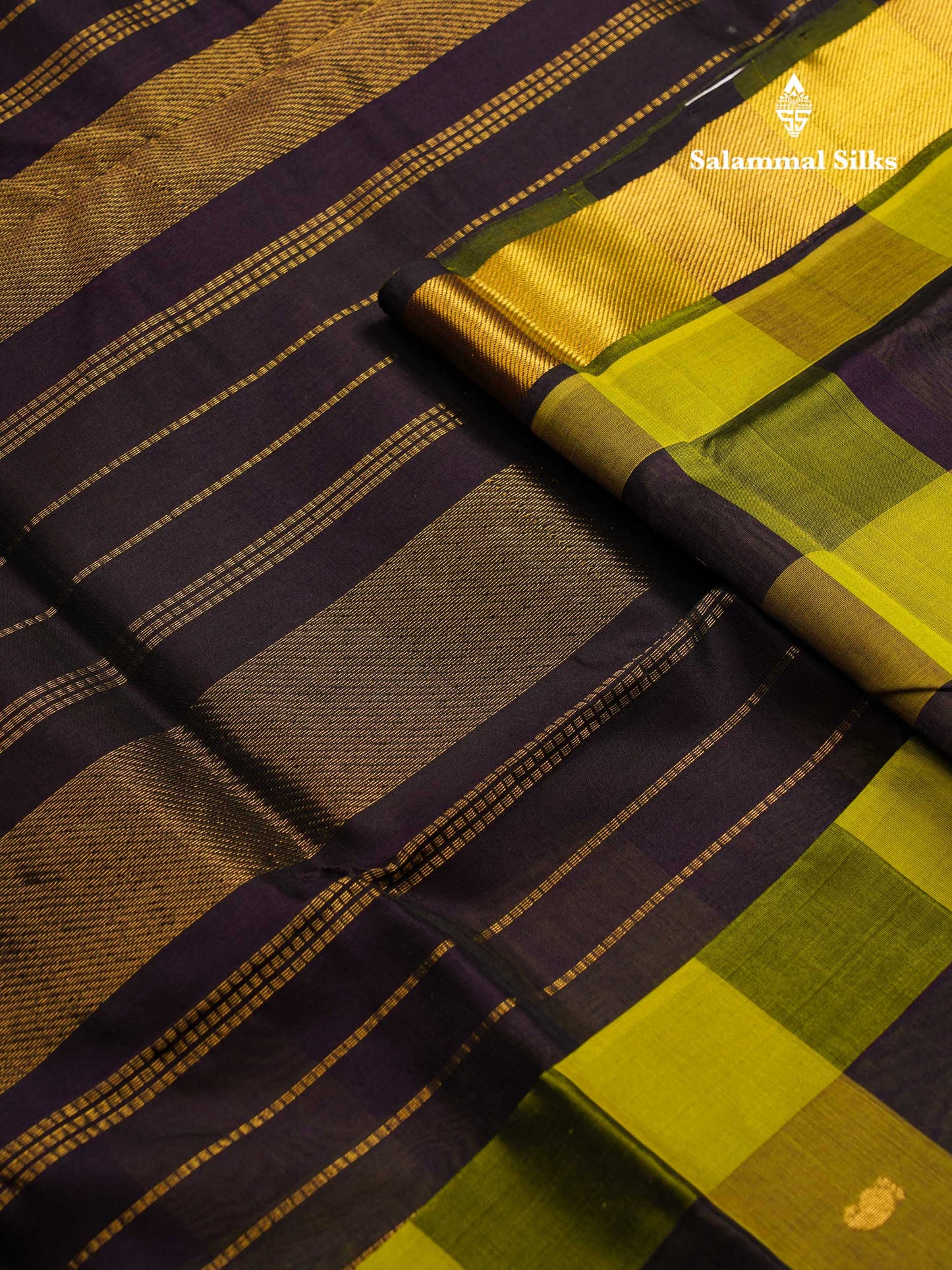 Beautiful Paalum Pazham Checks Pure Silk Cotton Saree With Contrast Navy Blue Blouse