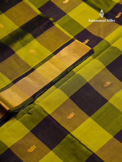 Beautiful Paalum Pazham Checks Pure Silk Cotton Saree With Contrast Navy Blue Blouse