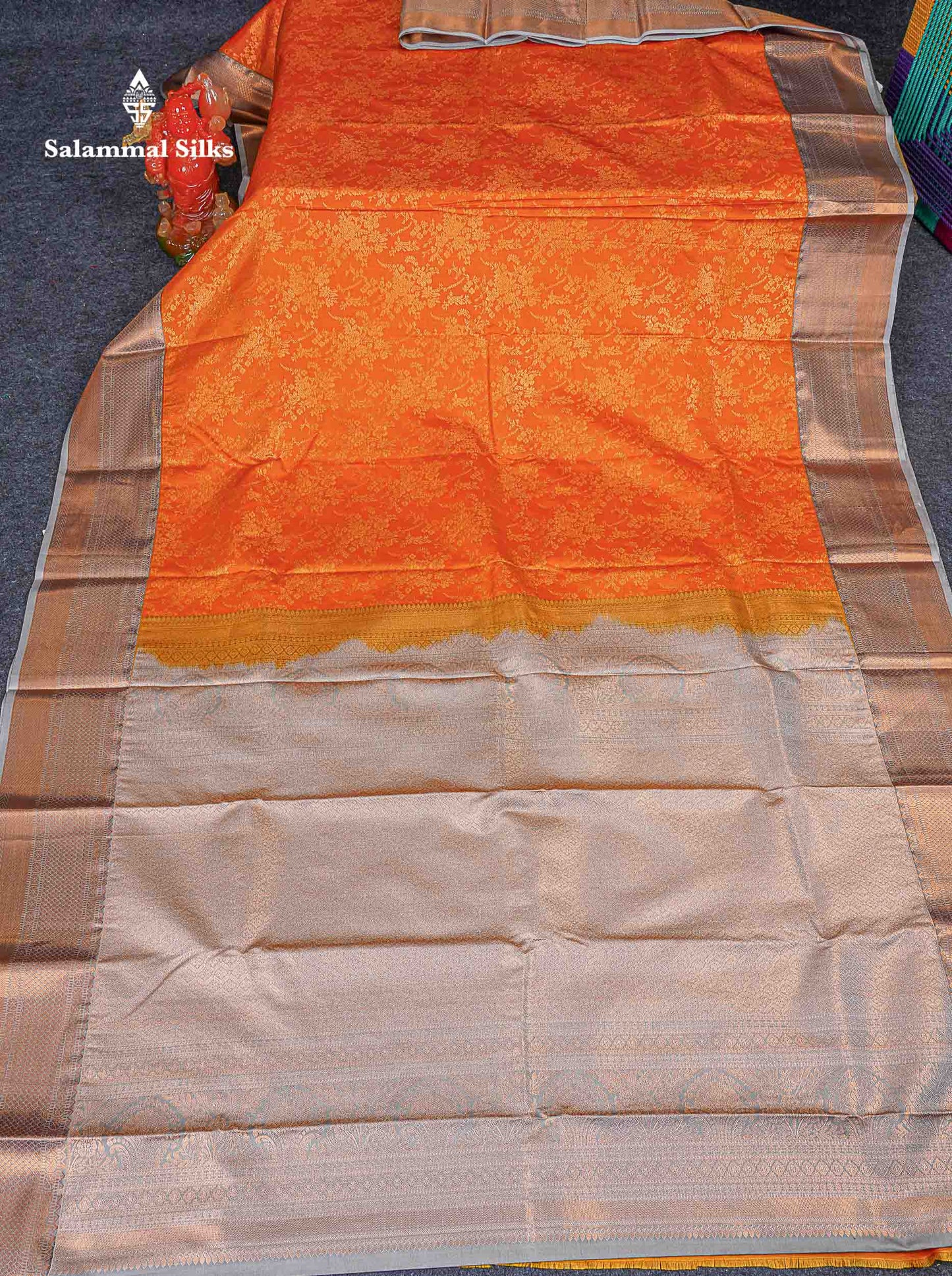 Bridal Semi Silk Saree -  Orange Colour Body With Contrast Grey Border 
