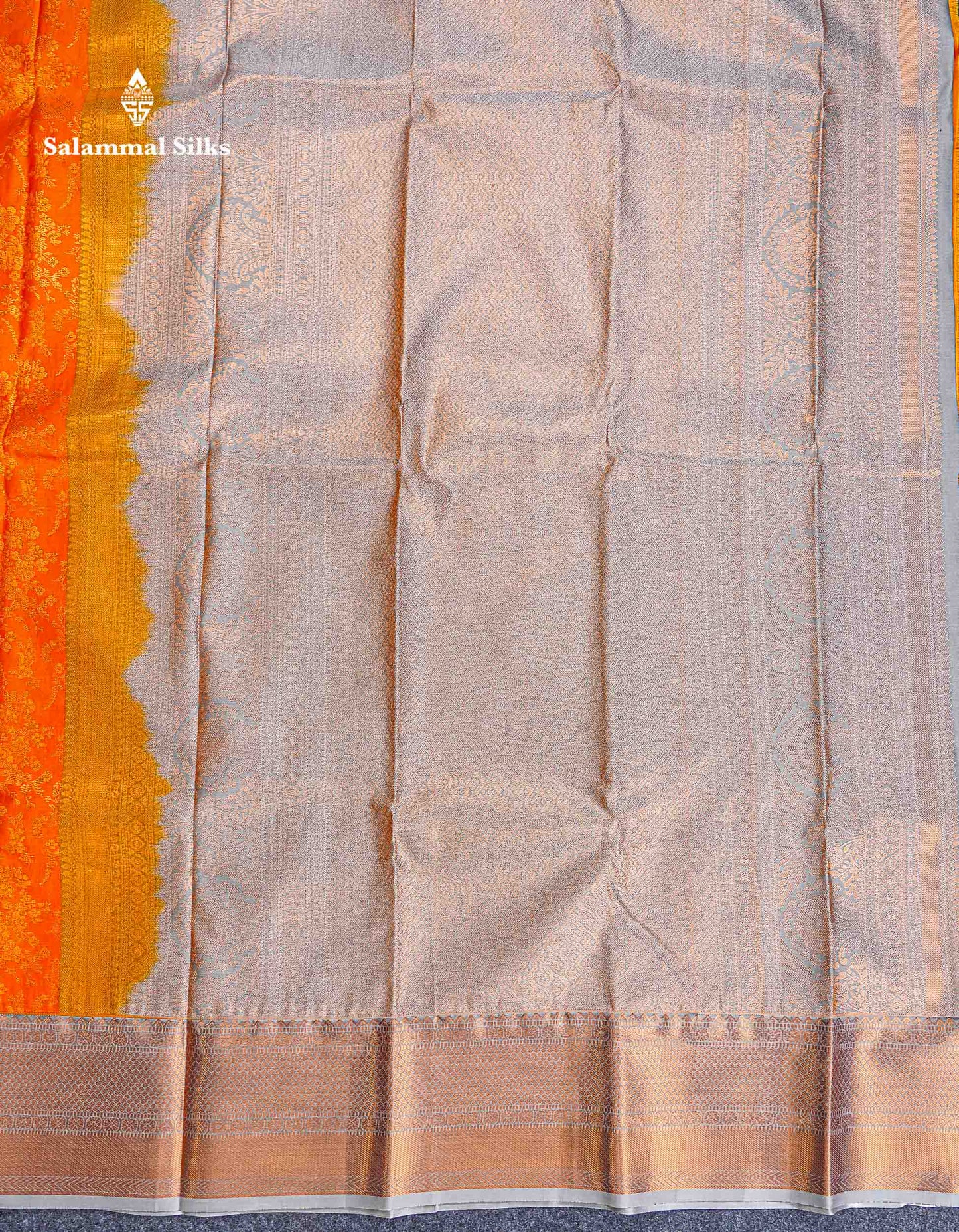 Bridal Semi Silk Saree -  Orange Colour Body With Contrast Grey Border