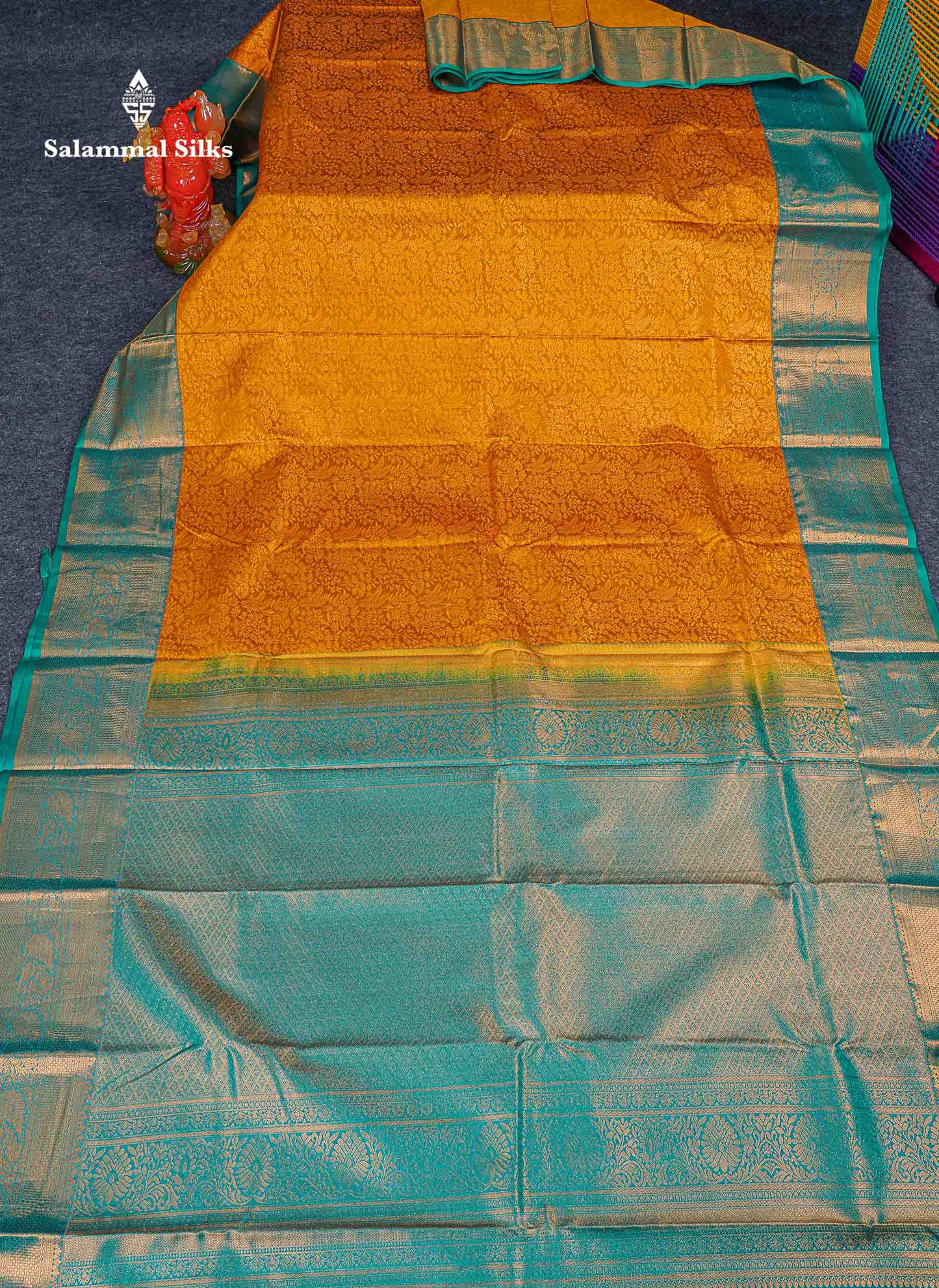 Bridal Semi Silk Saree -  Mustard Yellow Colour Body With Contrast Teal Green Border 