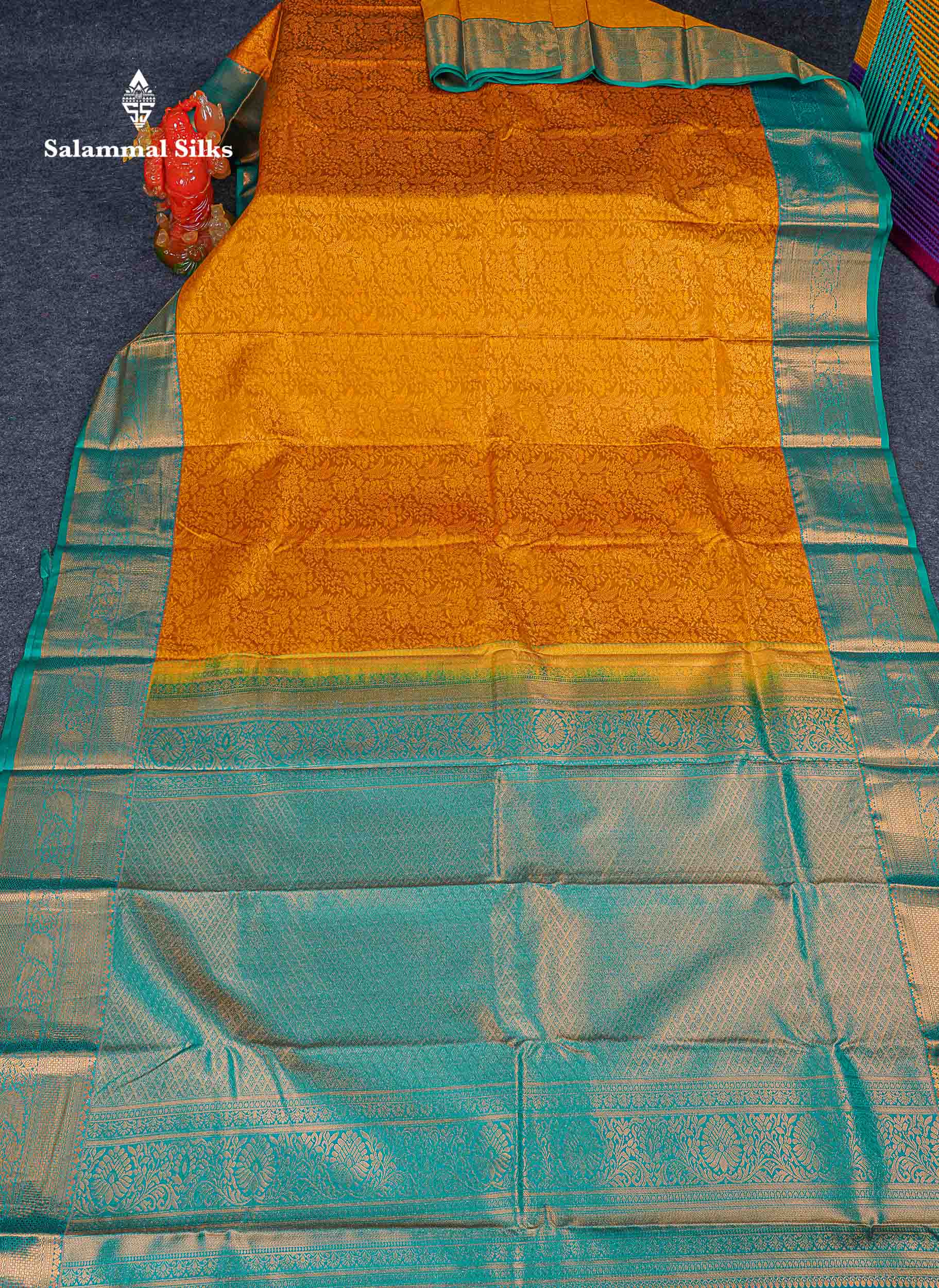 Bridal Semi Silk Saree -  Mustard Yellow Colour Body With Contrast Teal Green Border 