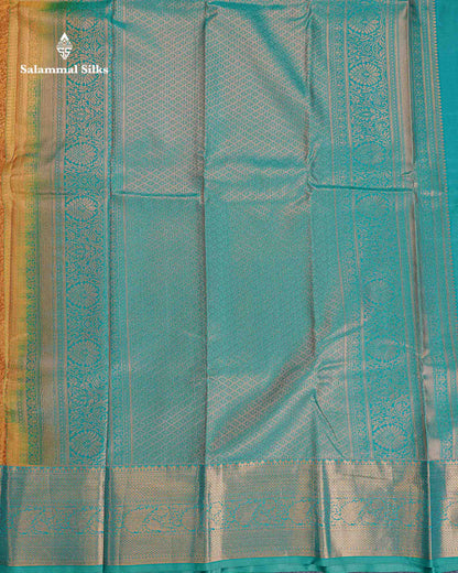 Bridal Semi Silk Saree -  Mustard Yellow Colour Body With Contrast Teal Green Border