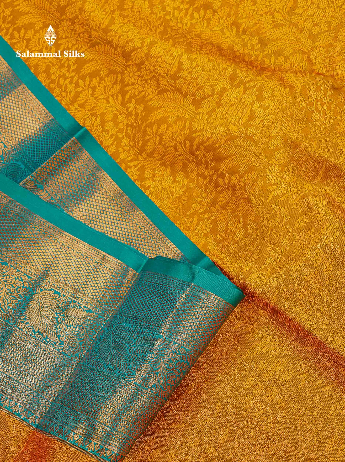 Bridal Semi Silk Saree -  Mustard Yellow Colour Body With Contrast Teal Green Border