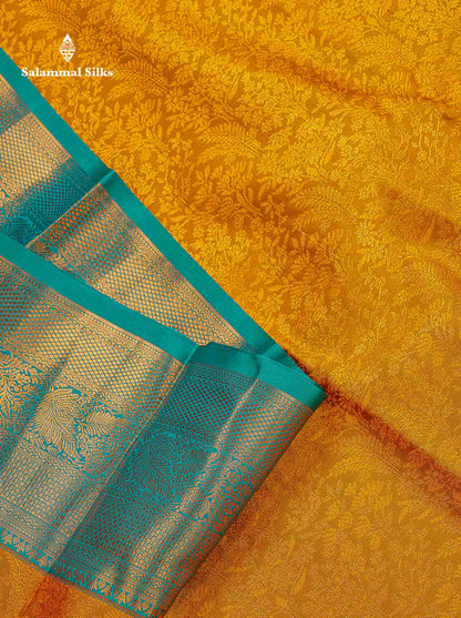 Bridal Semi Silk Saree -  Mustard Yellow Colour Body With Contrast Teal Green Border