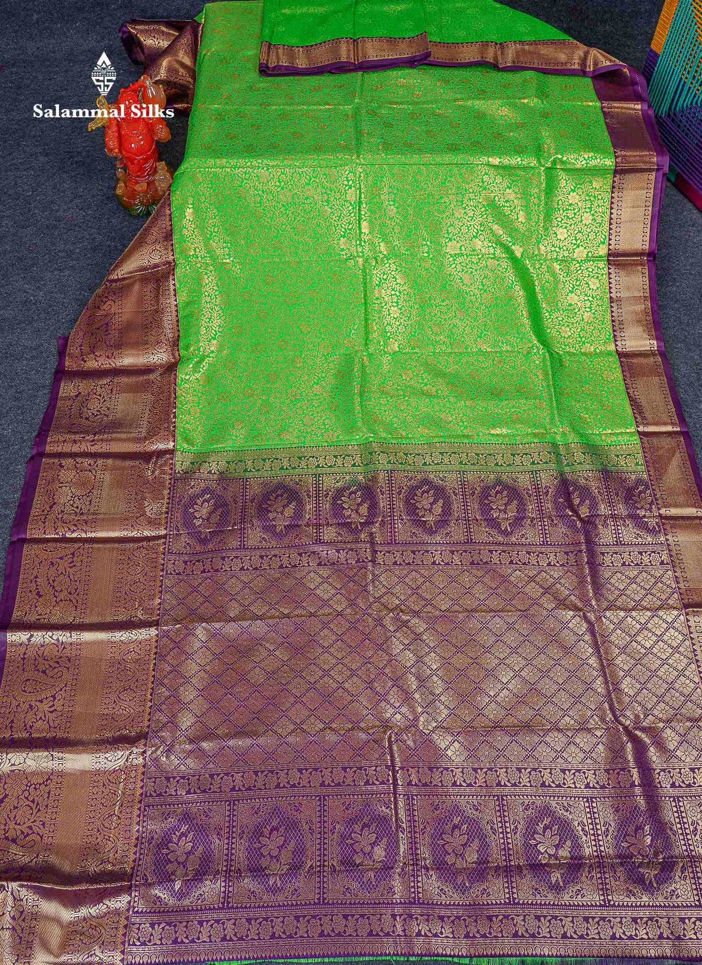 Bridal Semi Silk Saree -  Green Colour Body With Contrast Dark Purple Traditional Evening Morning Border
