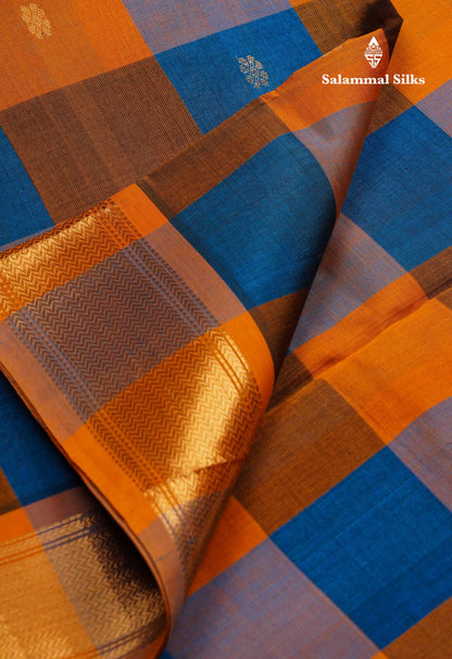 Beautiful Multicolour Paalum Pazham Checks Pure Silk Cotton Saree With Contrast Mustard Yellow Blouse