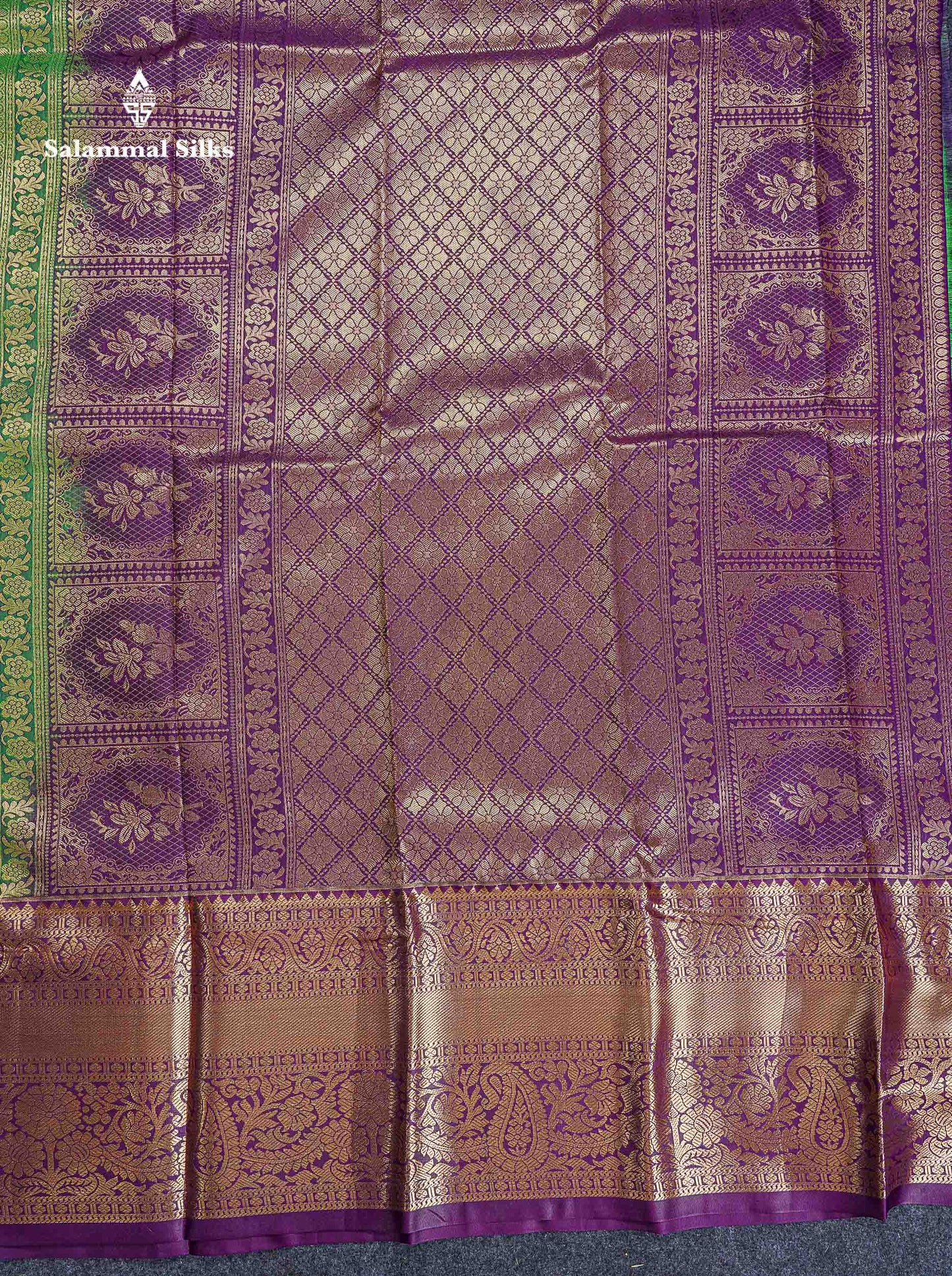 Bridal Semi Silk Saree -  Green Colour Body With Contrast Dark Purple Traditional Evening Morning Border
