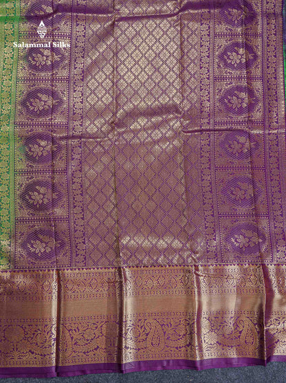 Bridal Semi Silk Saree -  Green Colour Body With Contrast Dark Purple Traditional Evening Morning Border