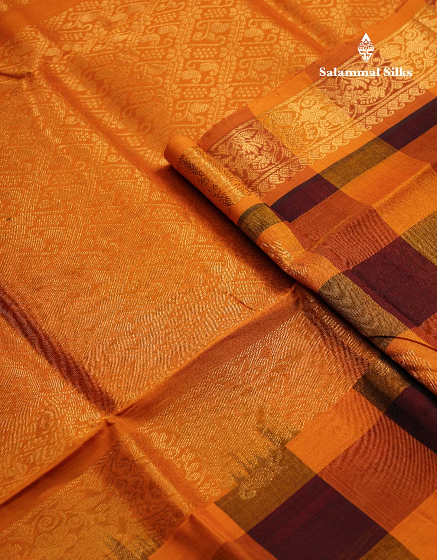 Beautiful Paalum Pazham Checks Pure Silk Cotton Saree With Contrast Mustard Yellow Blouse