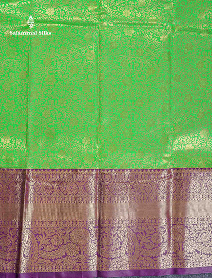 Bridal Semi Silk Saree -  Green Colour Body With Contrast Dark Purple Traditional Evening Morning Border