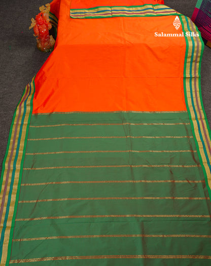 10.5 Yards Semi Silk Saree Green With Contrast Pink Traditional Border