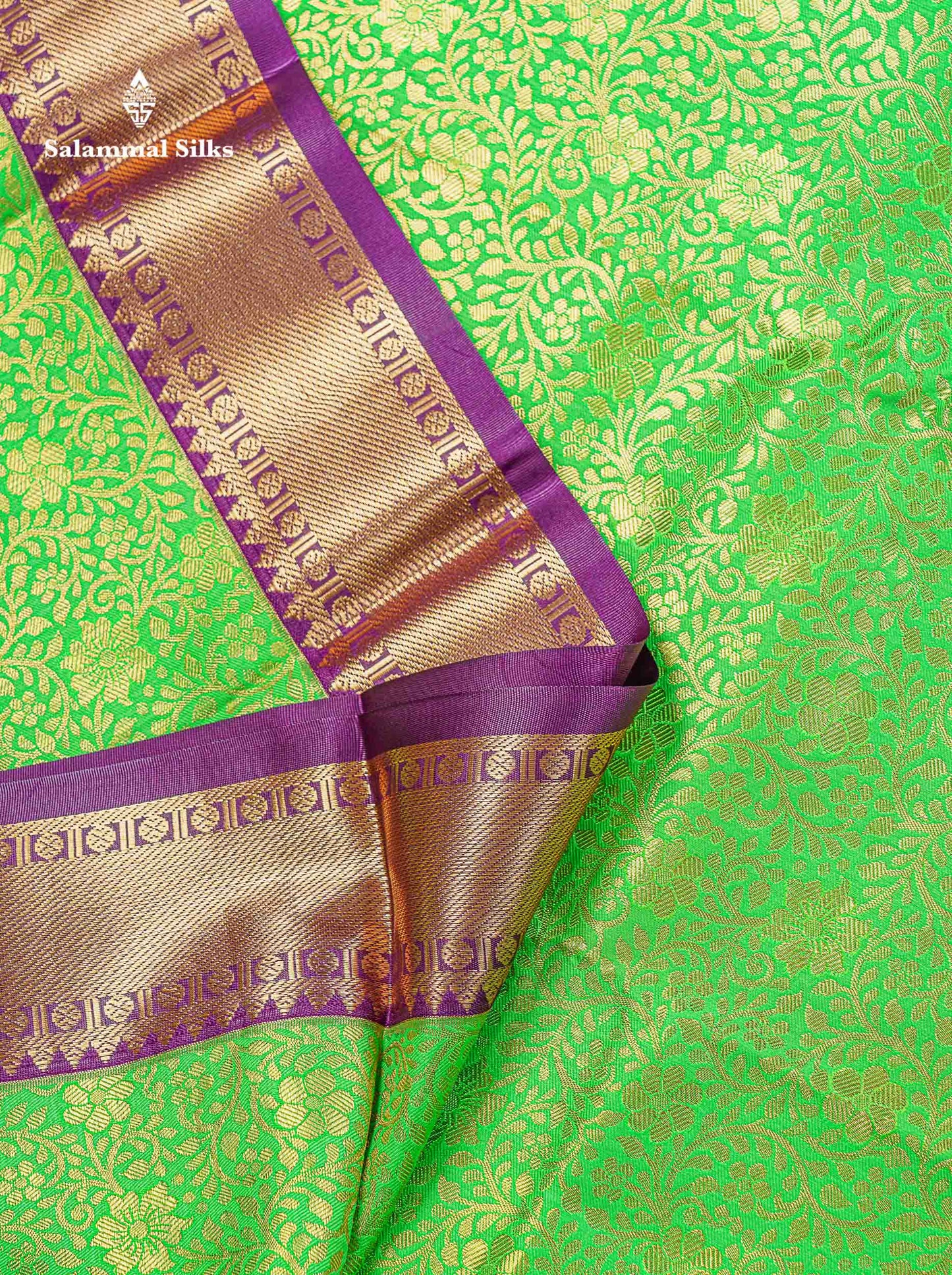 Bridal Semi Silk Saree -  Green Colour Body With Contrast Dark Purple Traditional Evening Morning Border
