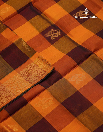 Beautiful Paalum Pazham Checks Pure Silk Cotton Saree With Contrast Mustard Yellow Blouse
