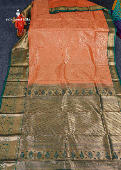 Bridal Semi Silk Saree -  Light Orange Colour Body With Contrast Bottle Green Evening Morning Borderr