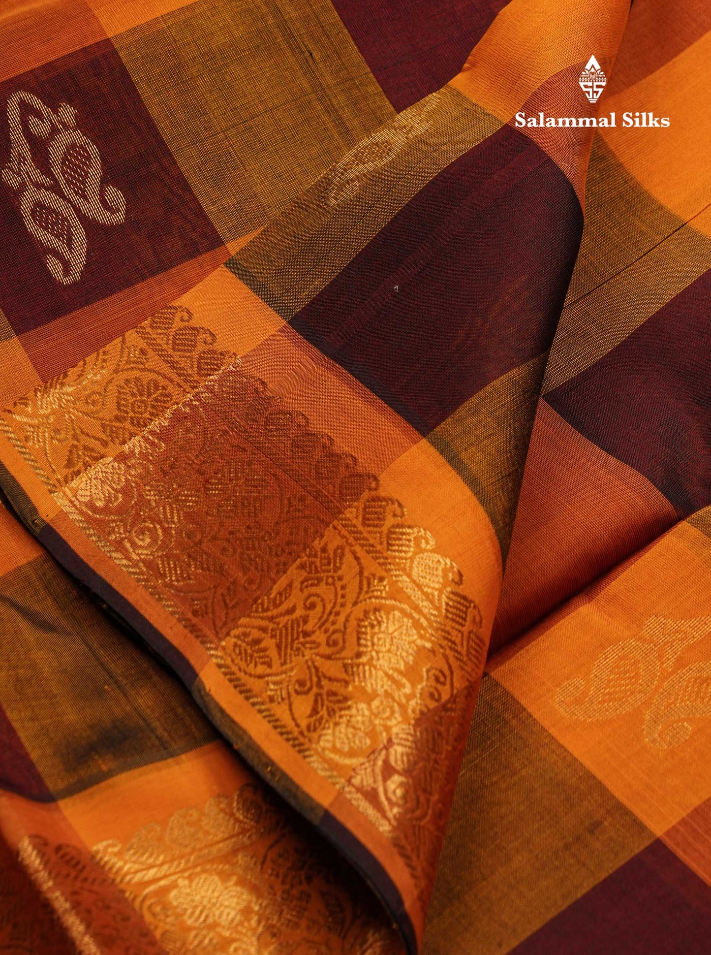 Beautiful Paalum Pazham Checks Pure Silk Cotton Saree With Contrast Mustard Yellow Blouse