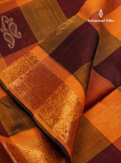 Beautiful Paalum Pazham Checks Pure Silk Cotton Saree With Contrast Mustard Yellow Blouse