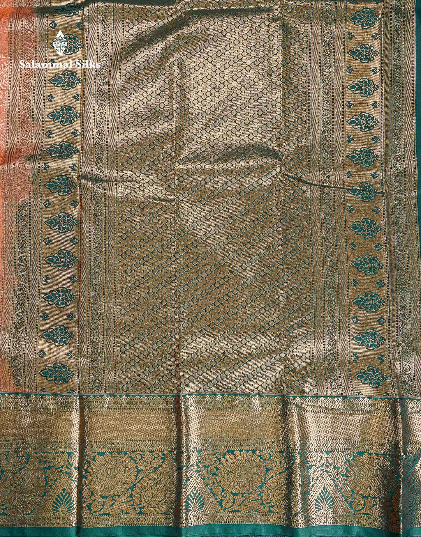 Bridal Semi Silk Saree -  Light Orange Colour Body With Contrast Bottle Green Evening Morning Borderr