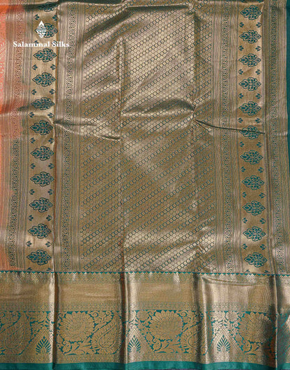 Bridal Semi Silk Saree -  Light Orange Colour Body With Contrast Bottle Green Evening Morning Borderr