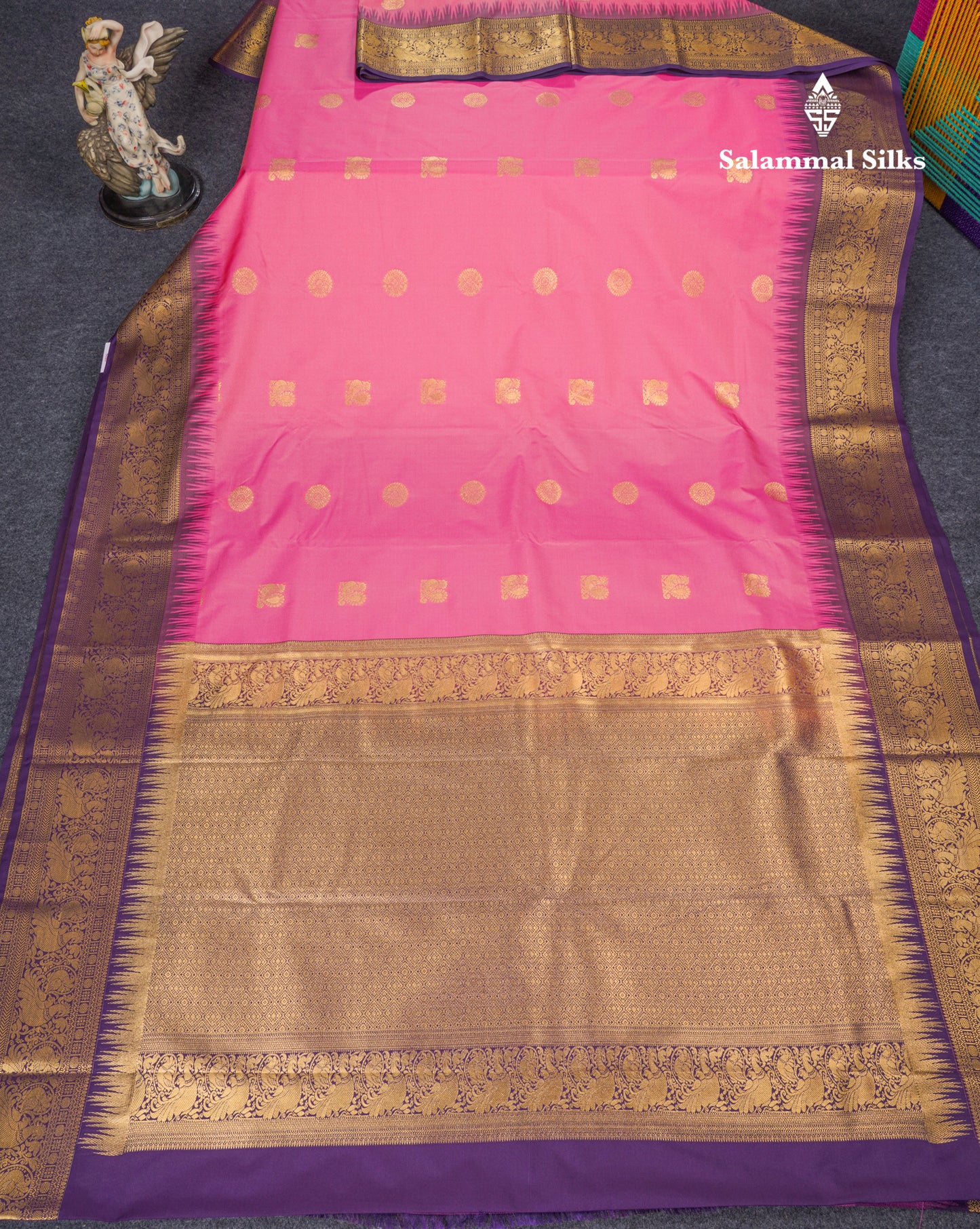 Light Pink Semi Silk Saree With Contrast Dark Purple Traditional Temple Border