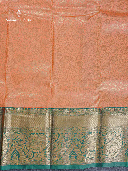 Bridal Semi Silk Saree -  Light Orange Colour Body With Contrast Bottle Green Evening Morning Borderr