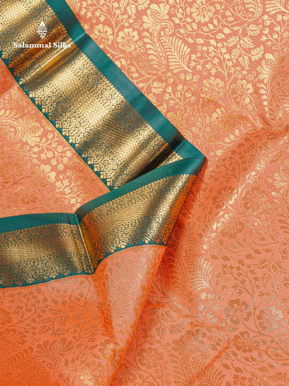 Bridal Semi Silk Saree -  Light Orange Colour Body With Contrast Bottle Green Evening Morning Borderr